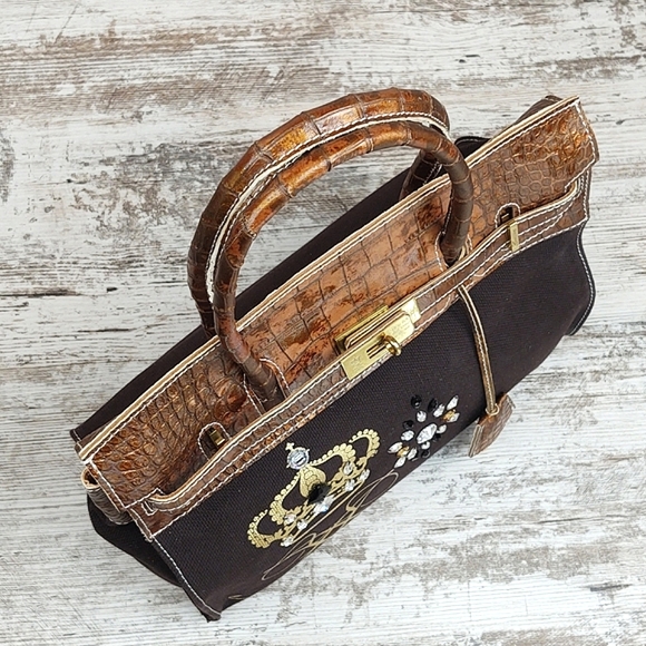 🟧Accessoires De Mademoiselle Cova Leather Croc & Canvas Bag - Picture 7 of 16